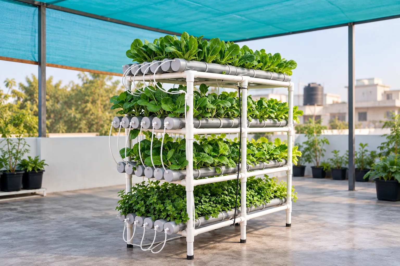 GrowNesso NFT hydroponic system showing the complete multi-layer structure, PVC channels, nutrient reservoir, water pump and growing plants