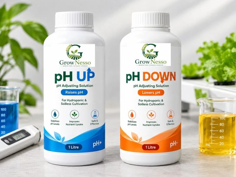 GrowNesso pH Up and pH Down adjustment solutions for hydroponic nutrient management